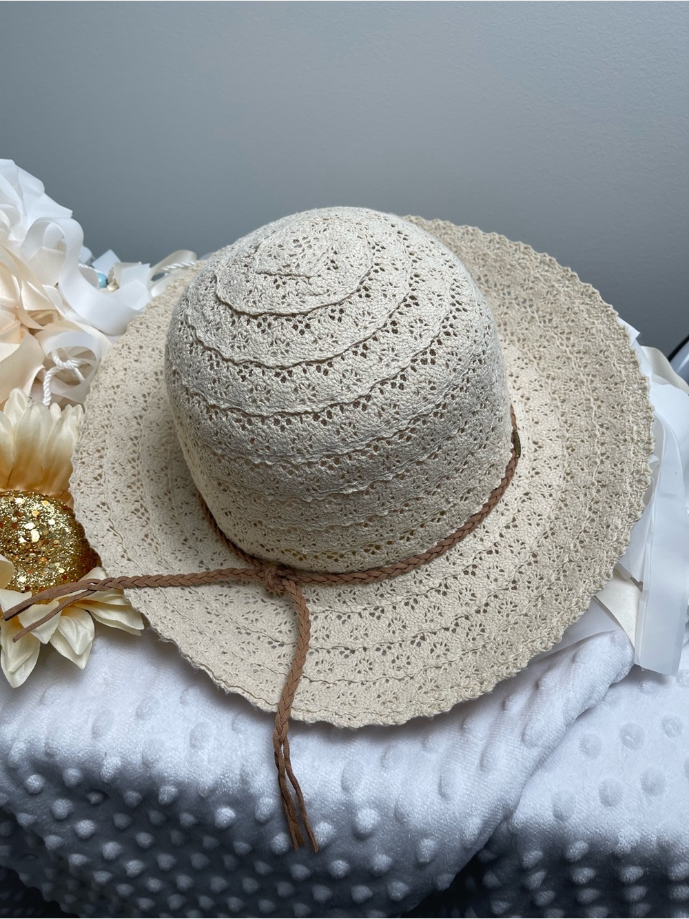 Boho Crochet Wide Brim Sun Hat - Natural
